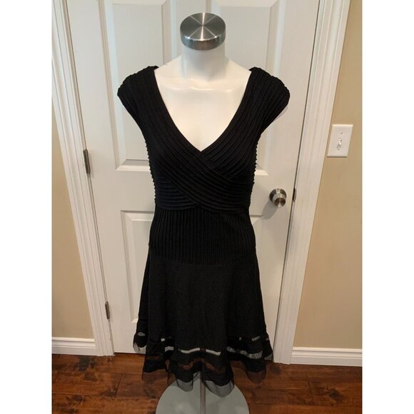 Tadashi Black Ribbed Sleeveless Dress w/ Tulle Hem, Size XS - Picture 1 of 7